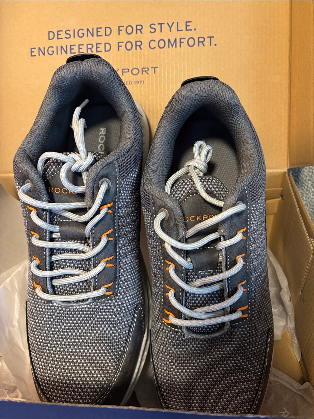 New In Box Rockport Men's Grey Mesh Athletic Sneakers with Orange Accents